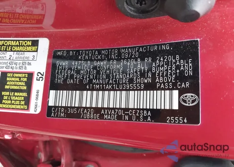 2020 Toyota Camry Se from USA, damaged, VIN 4T1M11AK1LU395559